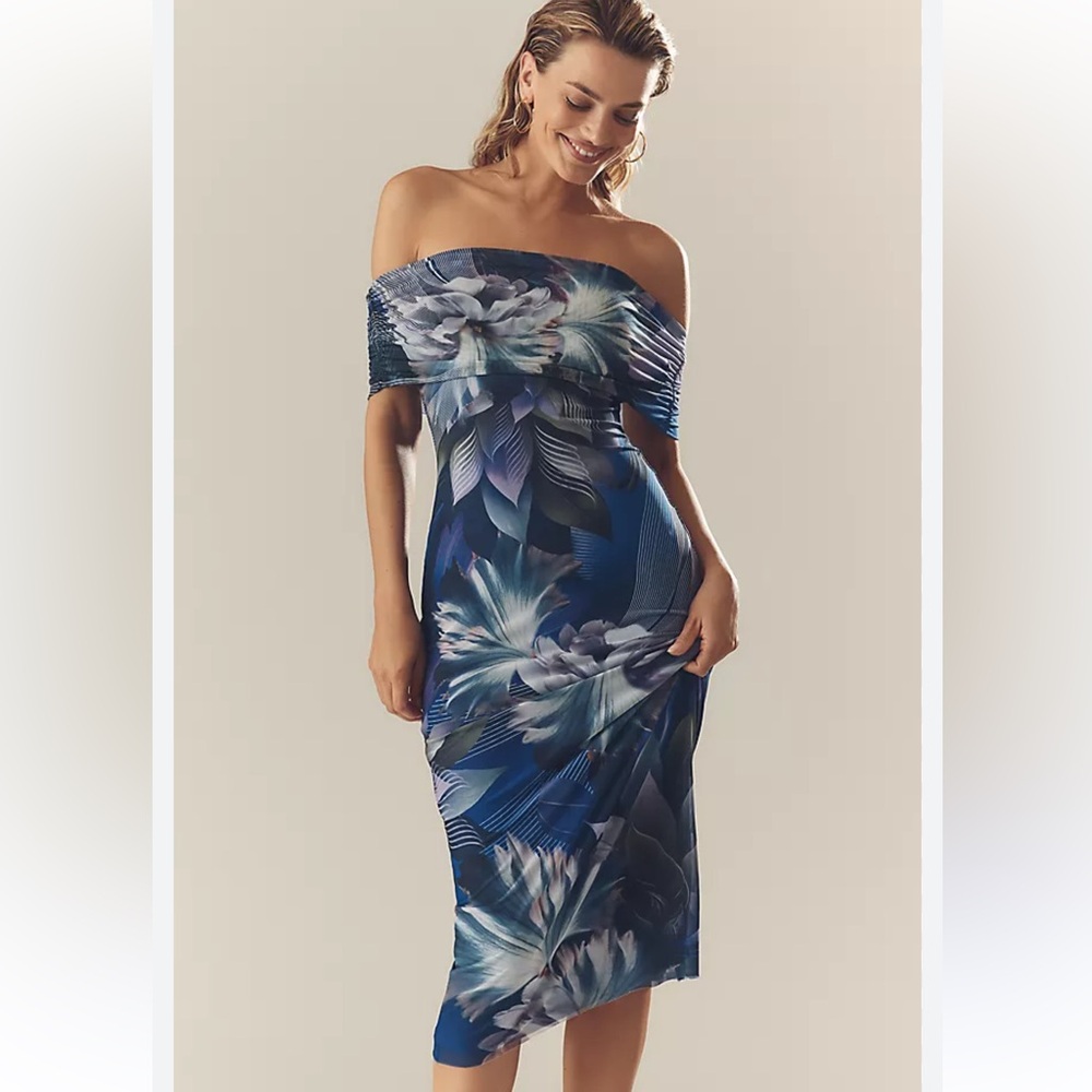 AFRM Anthropologie Zamora Off-The-Shoulder Blue Floral Mesh Midi Dress